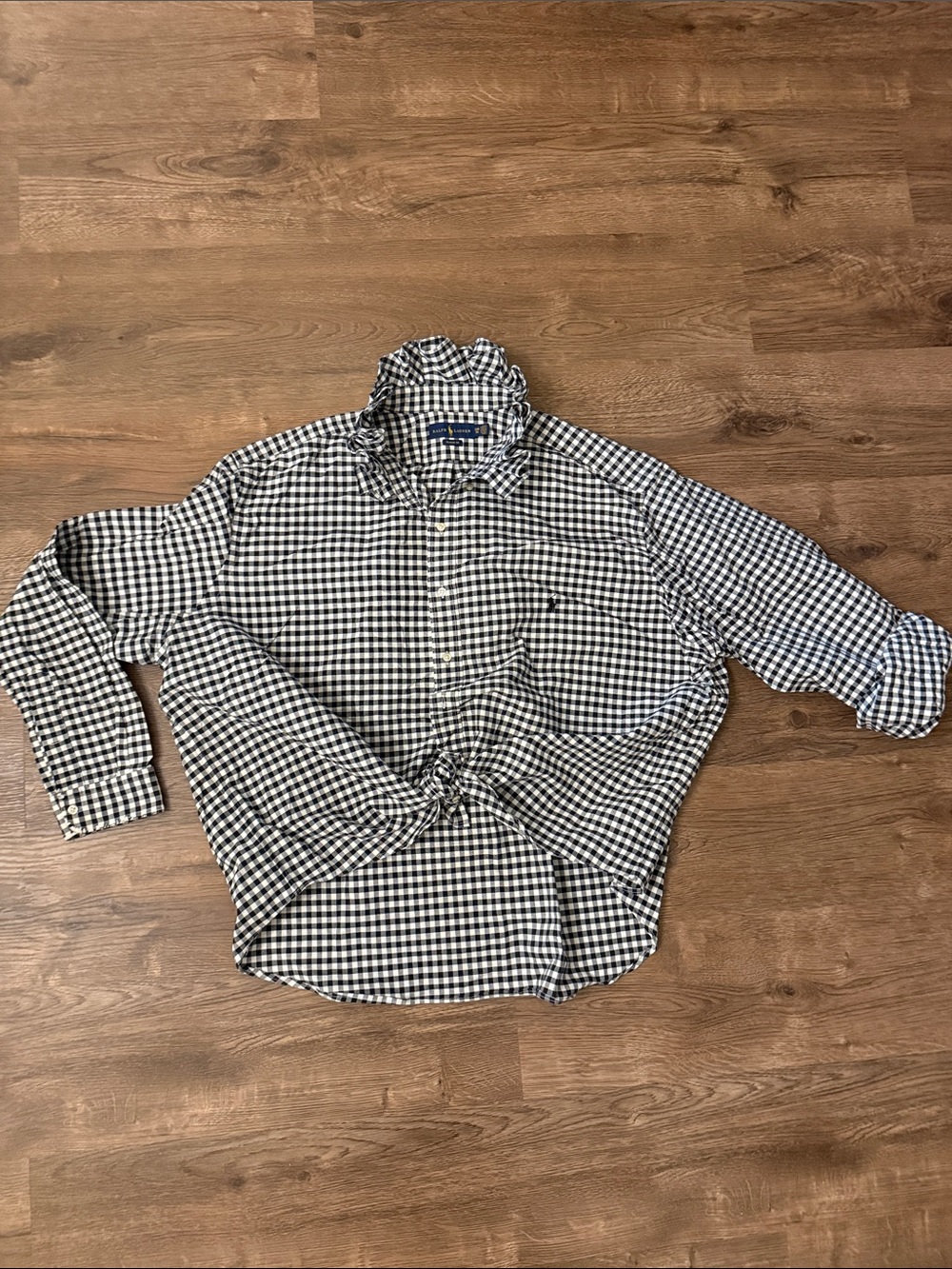 Upcycled Ralph Lauren Ruffled Black & White Gingham Button-Down Shirt Size 3XL